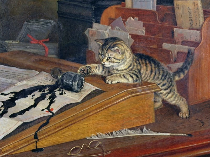 1855-Frank Paton - Un gatto rovescia l'inchiostro su un foglio di carta